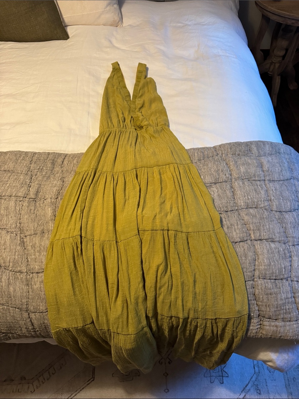 V-Neck Tiered Maxi Dress in Olive Mustard